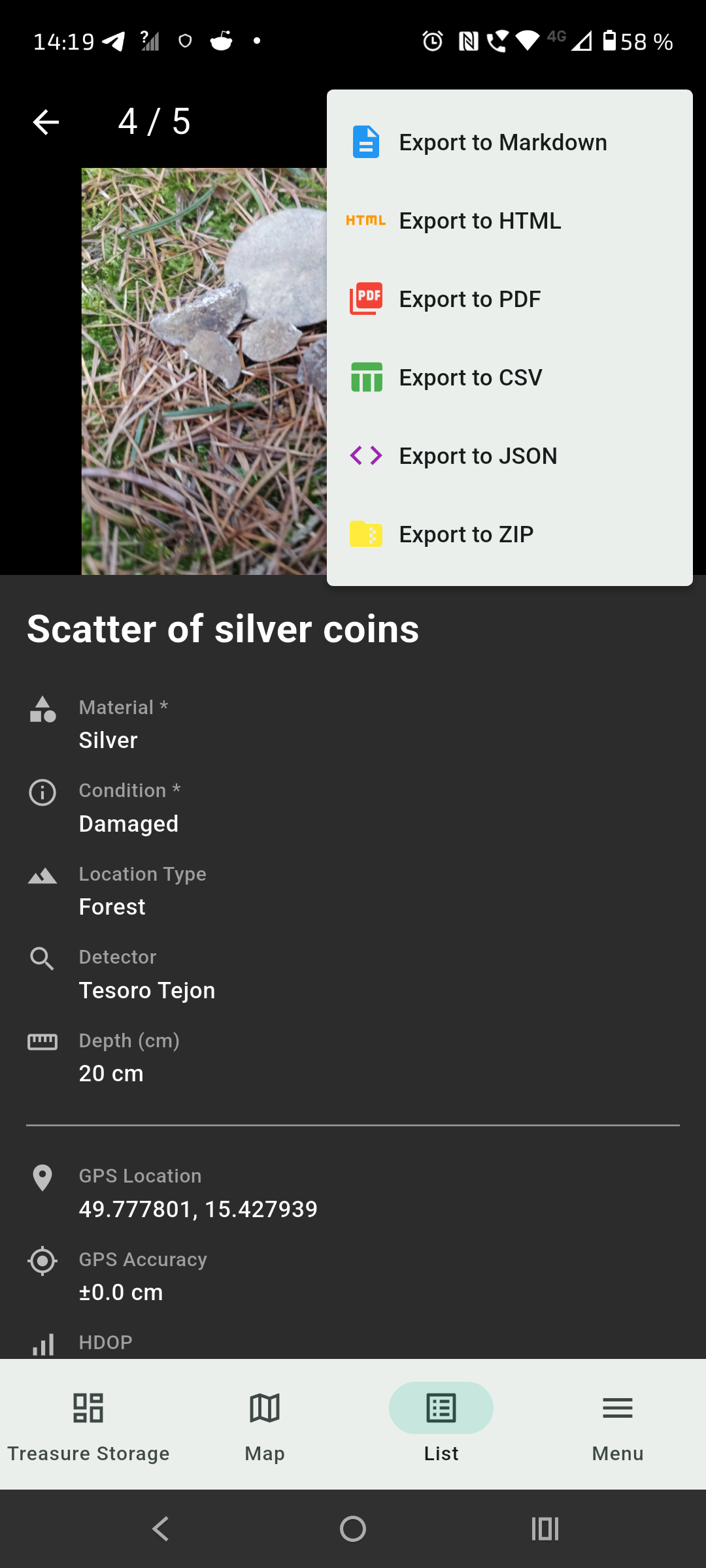 Find detail export menu